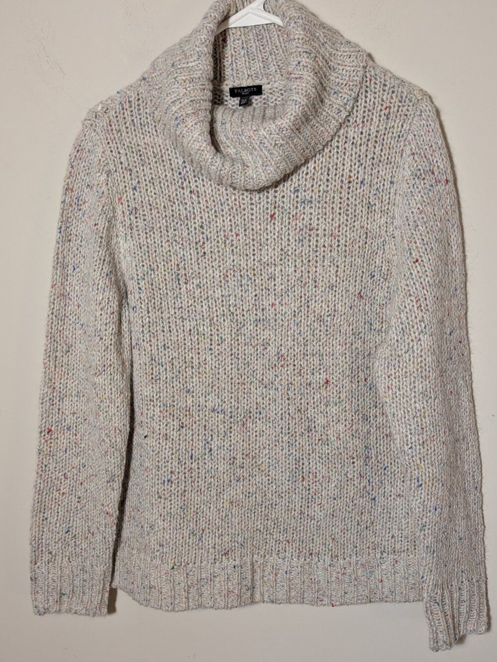 Talbots Petites Chunky Knit Wool Silk Blend Cowlneck Sweater XLp Speckled Cream